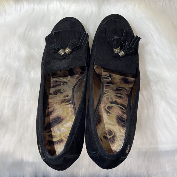 NWT Sam Edelman Black Leather Loafer Tassels & Wood Wedge Platform - Picture 4 of 16